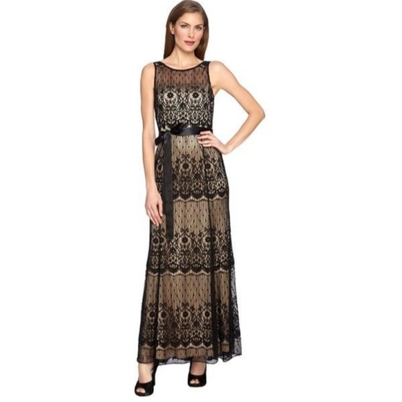 Tahari Arthur Levine lace A line gown Formal Evening Dress Sleeveless Black 8 - Picture 1 of 9